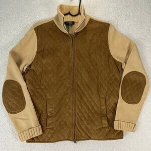 Lauren Ralph Lauren Sweater Jacket Women L Quilted Faux Suede Knit Equestrian